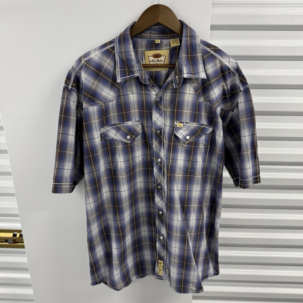 Larry Mahan XXL Blue Brown Plaid Western Pearl Snap Shirt Short Sleeve Cowboy